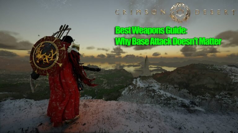 A warrior in Crimson Desert, wielding a powerful sword with a high critical rate and Abyss Gear sockets, set against a stunning UK-inspired backdrop with a beautiful colour palette and intricate details, showcasing the game's impressive graphics and behaviour