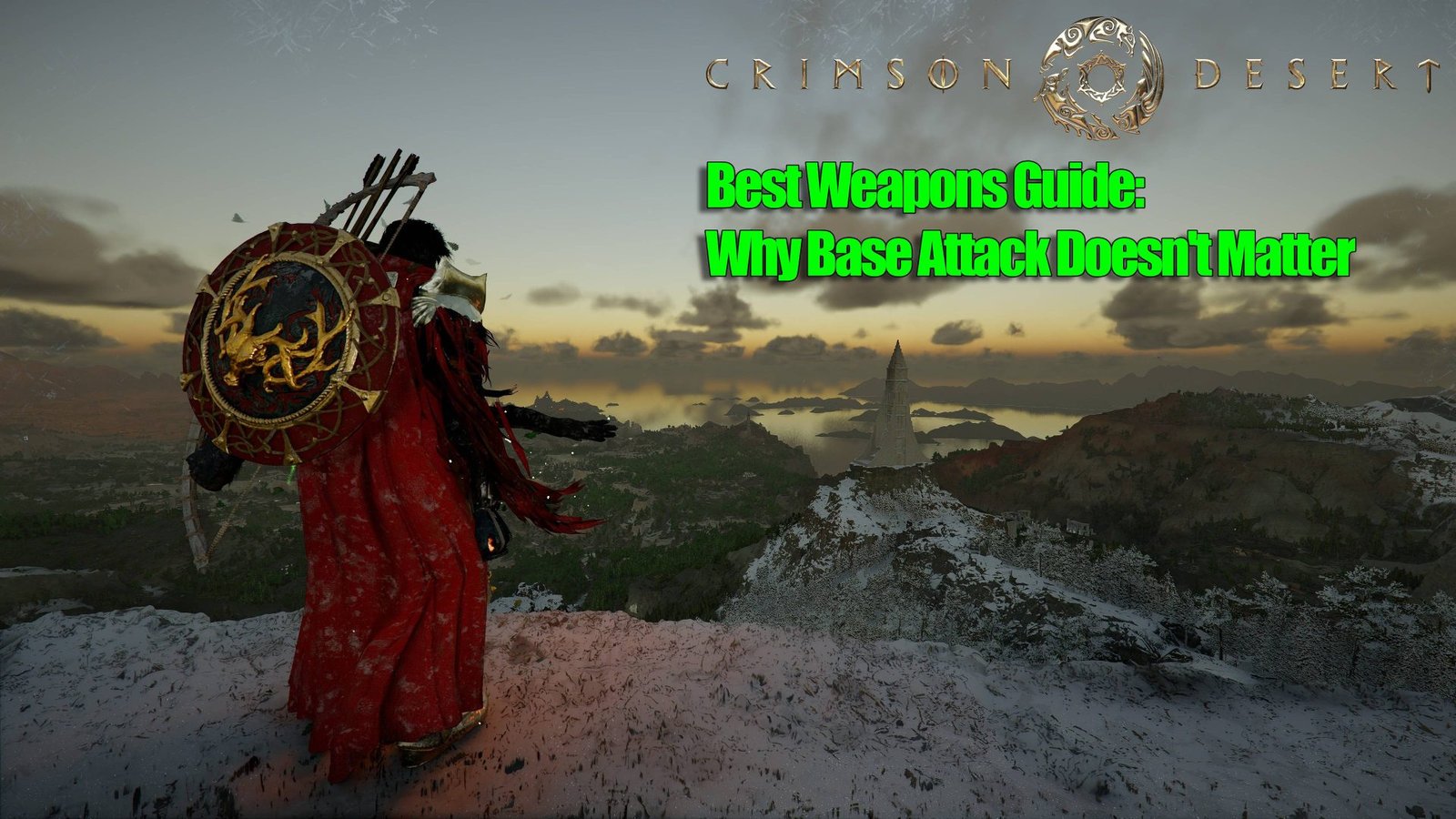 A warrior in Crimson Desert, wielding a powerful sword with a high critical rate and Abyss Gear sockets, set against a stunning UK-inspired backdrop with a beautiful colour palette and intricate details, showcasing the game's impressive graphics and behaviour