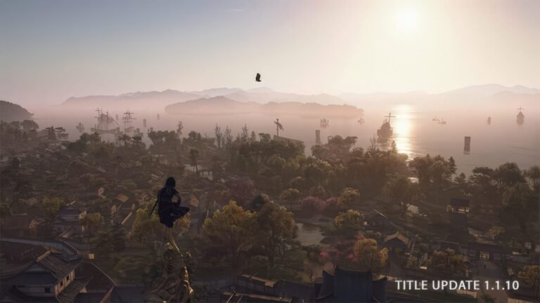 Assassin's Creed Shadows featured image, showing a character in action with a sword, with a UK cityscape in the background, highlighting the game's immersive graphics and realistic behaviour, with a focus on the primary keyword Assassin's Creed Shadows