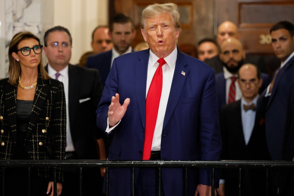 Donald Trump speaking in front of a New York court building, with a caption reading 'Trump Seeks to Overturn Fraud Ruling', highlighting the primary keyword phrase 'fraud allegations' in a descriptive and natural way, within the context of the image, which depicts a serious and professional scene, with a colour palette that is muted and subdued, reflecting the gravity of the situation