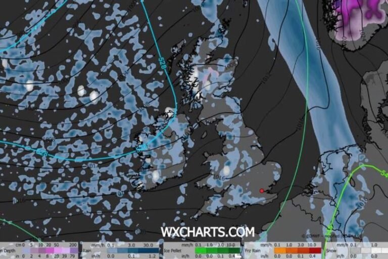 Snow-covered landscape in the UK, with a temperature gauge showing -1C, highlighting the cold weather and snow forecast, with a focus on winter weather warning and temperature drop