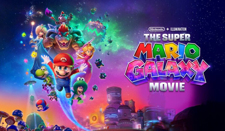 The Super Mario Galaxy Movie poster featuring Mario and friends in a colourful and vibrant landscape, set against a backdrop of stars and planets, with a focus on the primary keyword phrase 'Super Mario Galaxy Movie'