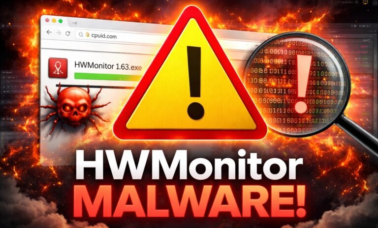 A close-up of a CPU with a red warning symbol, representing the malware threat to CPU-Z and HWMonitor users in the UK, with a focus on cyber security and device protection