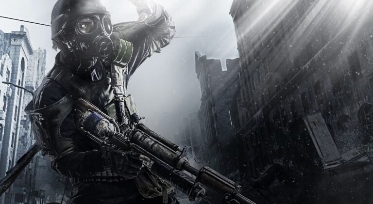 A screenshot of the Metro game series, showcasing its dark and gritty atmosphere, with a mix of action and suspense, set in a post-apocalyptic UK