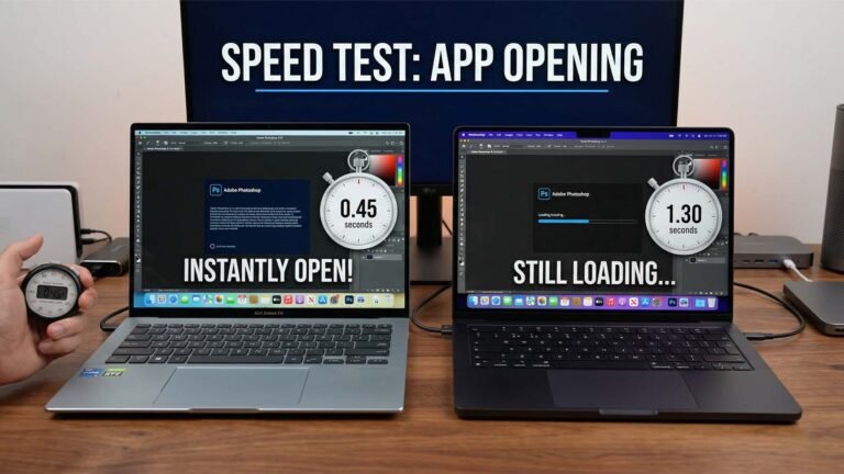 A side-by-side comparison of a Windows laptop and a MacBook Pro, highlighting the speed and performance of the latest Windows machines in the UK laptop market