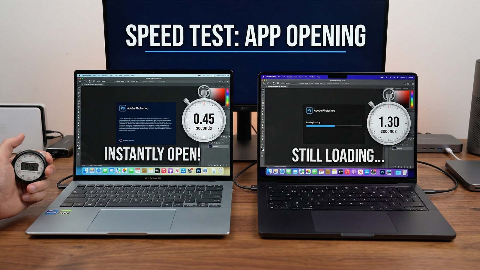 A side-by-side comparison of a Windows laptop and a MacBook Pro, highlighting the speed and performance of the latest Windows machines in the UK laptop market