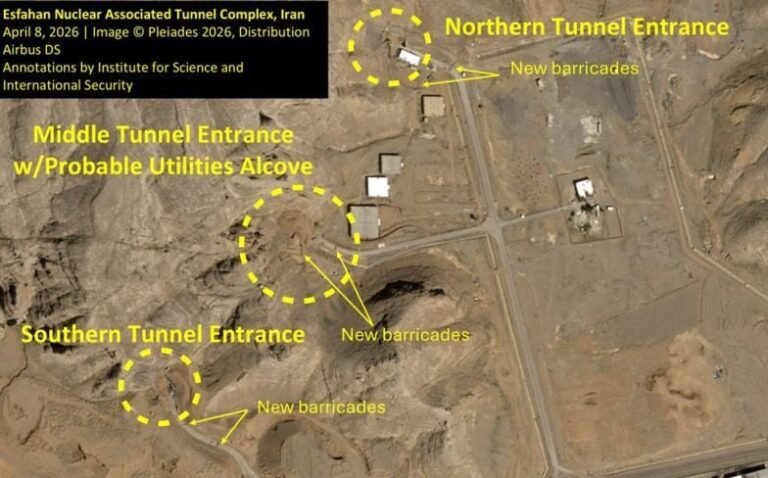 Aerial view of Iran's nuclear site with roadblocks under construction, a preemptive measure to prevent ground attacks and protect the facility from potential threats, with the primary keyword being Iran's nuclear site