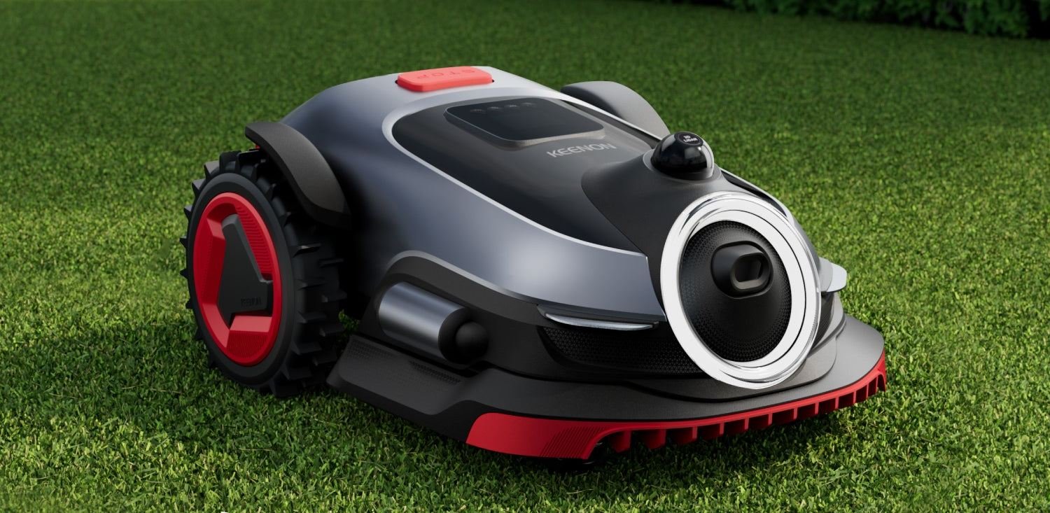 The Keenmow K1 LiDAR robot mower in action, navigating and cutting a lawn with precision and accuracy, showcasing its advanced technology and sleek design, perfect for UK gardeners looking to elevate their gardening experience