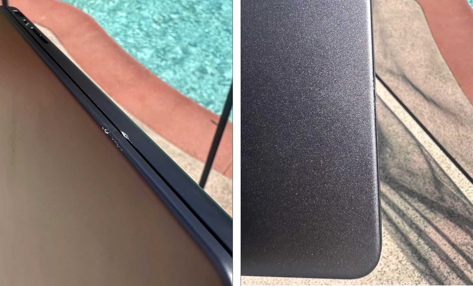 A MacBook Pro laptop with minor scuffs and marks after falling down a 25-step staircase, highlighting the durability of its unibody aluminum build in the UK