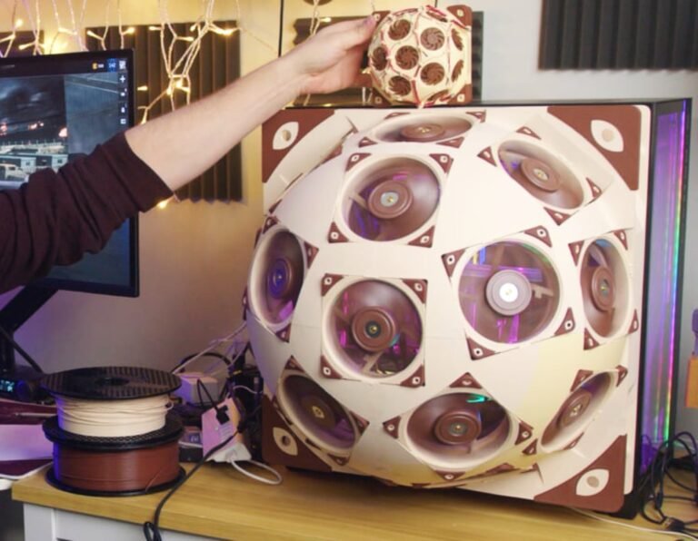 The Noctua SuperDome features a unique hemispherical side panel housing 15 high-quality 120mm fans, designed to cool powerful gaming hardware effectively and reduce noise levels, perfect for the UK gaming community