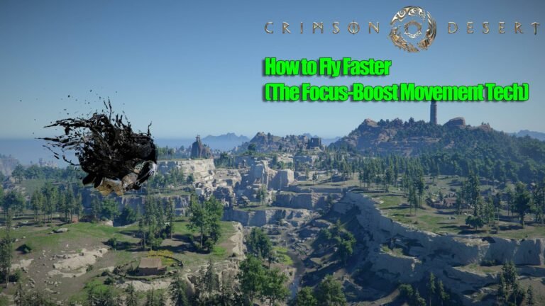Aerial view of a character flying in Crimson Desert, with a beautiful landscape in the background, showcasing the Focus-Boost movement tech in action, allowing players to fly faster and more efficiently in the UK gaming scene
