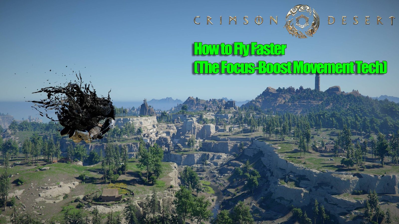 Aerial view of a character flying in Crimson Desert, with a beautiful landscape in the background, showcasing the Focus-Boost movement tech in action, allowing players to fly faster and more efficiently in the UK gaming scene