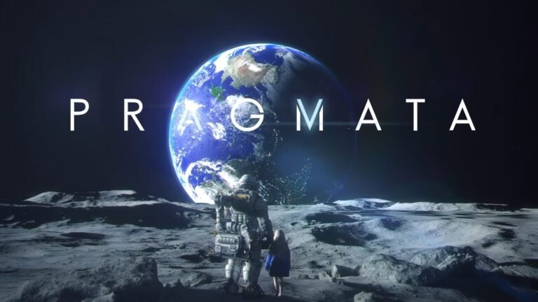 PRAGMATA's futuristic cityscape with a group of characters in the foreground, showcasing the game's sci-fi elements and action-packed gameplay, set in the UK