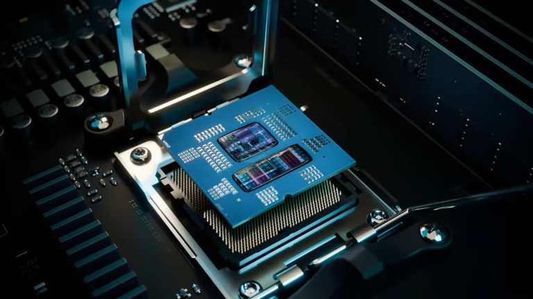 A close-up of a CPU with a cityscape in the background, representing the UK's thriving tech industry and the growing demand for artificial intelligence.