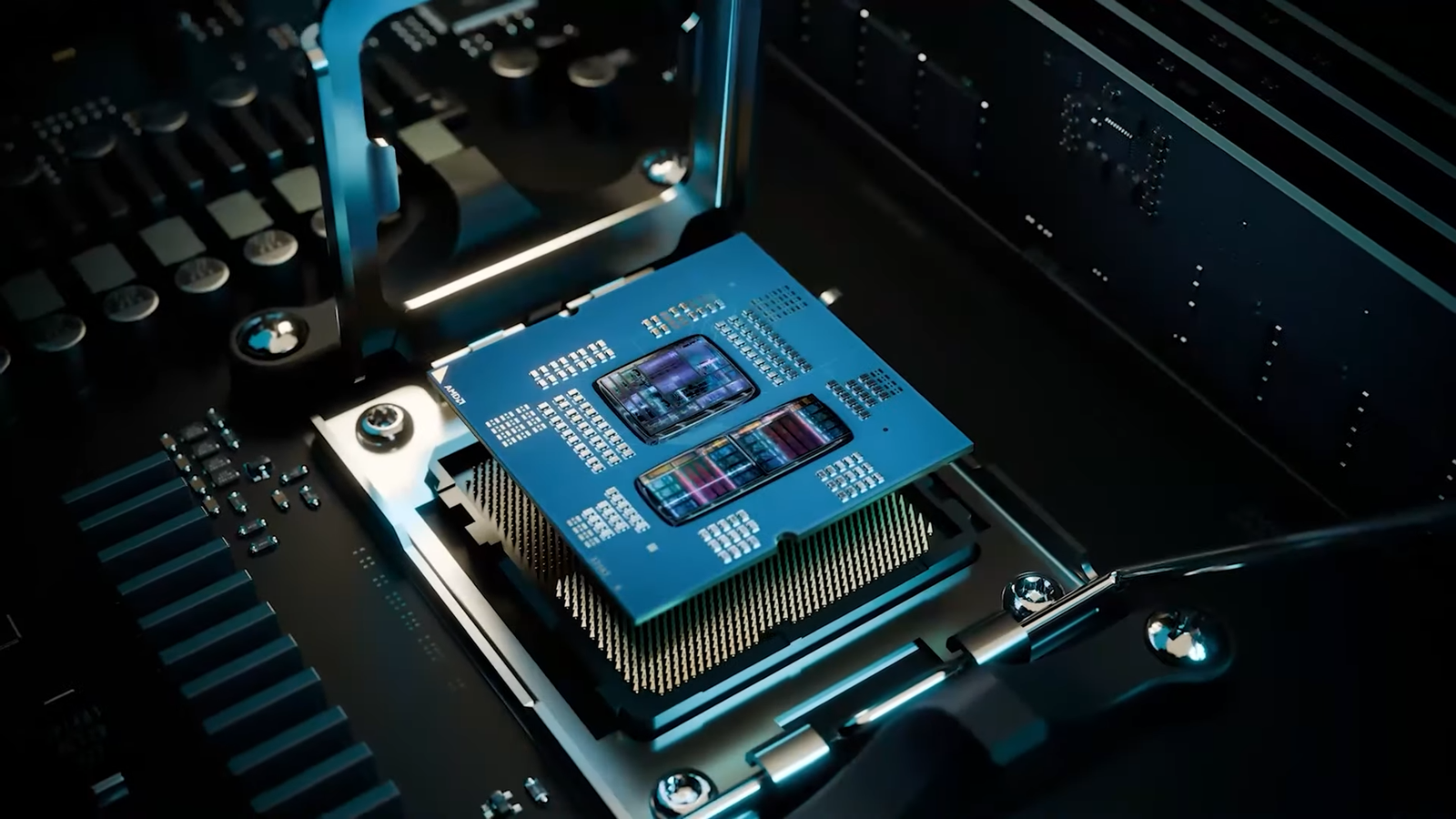 A close-up of a CPU with a cityscape in the background, representing the UK's thriving tech industry and the growing demand for artificial intelligence.