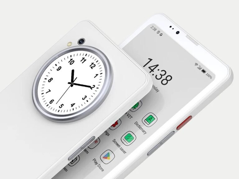 The BigMe HiBreak Dual smartphone features a colour E Ink display and a rear LCD panel, offering a unique mobile experience with stylus support and dual screen functionality, perfect for reading, browsing, and multitasking in the UK