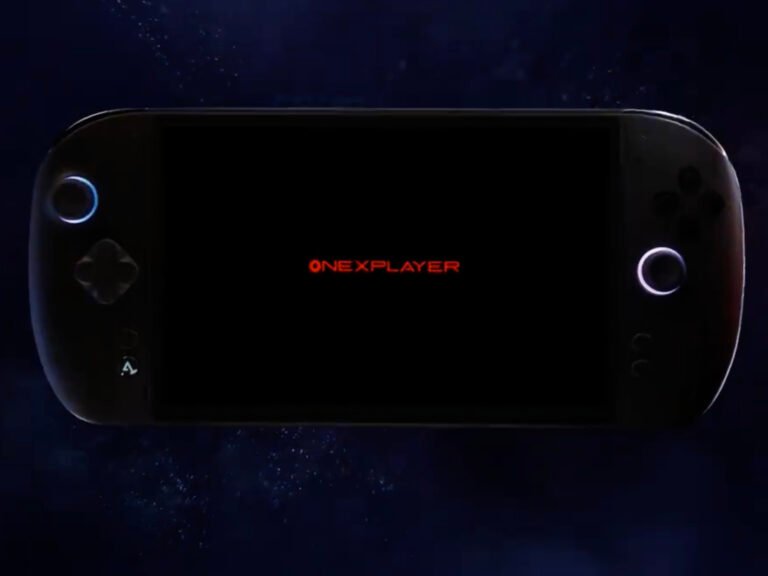 OneXPlayer X2 Mini handheld console with OLED display and AMD Ryzen AI Max+ 395 chipset, perfect for gaming on-the-go in the UK, with a colour scheme that showcases its sleek and modern design, highlighting its behaviour as a powerful and efficient gaming device