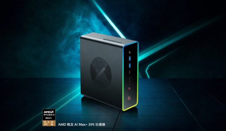 The ONEXStation Mini AI, a powerful mini PC featuring the Ryzen AI Max+ 395 processor, with a sleek design and modern connectivity, perfect for UK tech enthusiasts and professionals