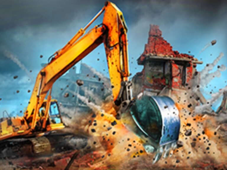 A screenshot of Demolish & Build 2017, showing a player operating heavy machinery to demolish a building in the UK, with a focus on demolition games and simulation games