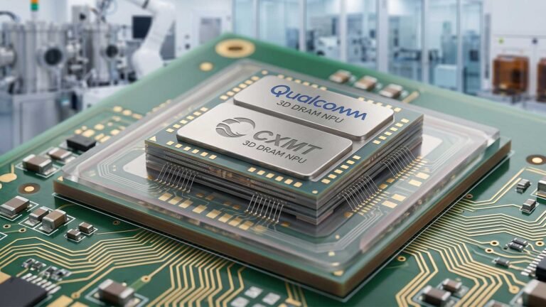 A close-up of a smartphone's internal components, with a focus on the NPU and 3D DRAM technology, highlighting the innovative partnership between Qualcomm and CXMT in the UK