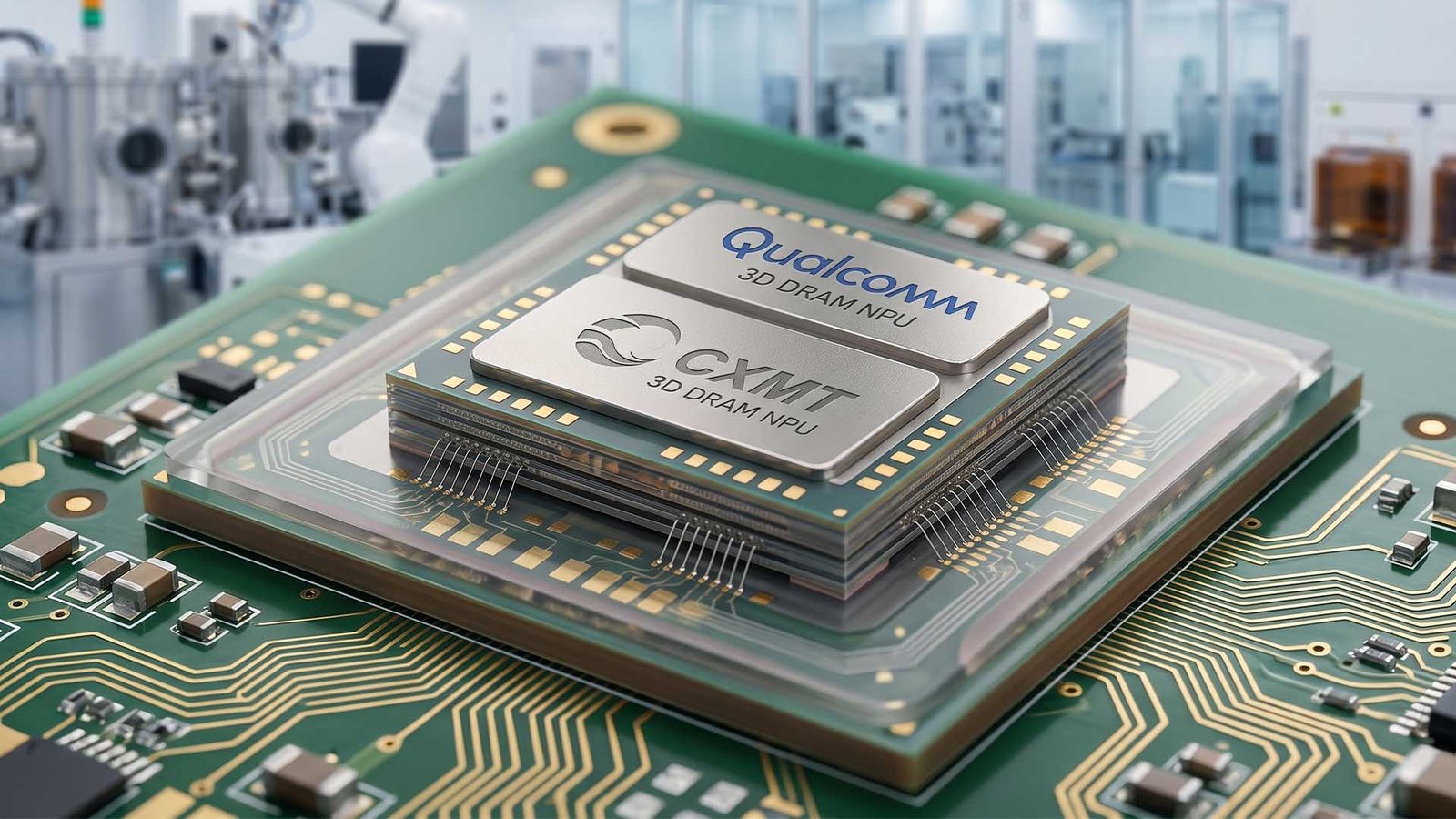 A close-up of a smartphone's internal components, with a focus on the NPU and 3D DRAM technology, highlighting the innovative partnership between Qualcomm and CXMT in the UK