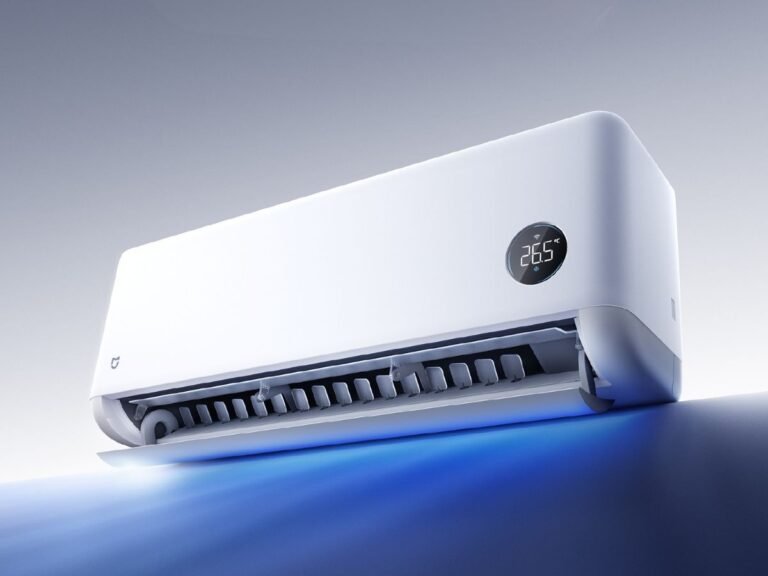 The Xiaomi Mijia Air Conditioner Powerful Airflow Series Over 1.5 HP, featuring a sleek and modern design with a large LCD display and touch controls, set against a backdrop of a cool and comfortable living room in a UK home