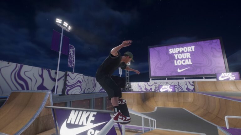 Skate x Nike SB collaboration featured image, showing the Nike-themed Isle of Grom skatepark at night, with players skating and enjoying the exclusive content, in the UK
