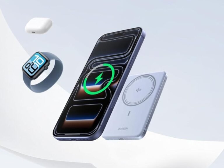 The Ugreen MagFlow Air Qi2 power bank, featuring a sleek and compact design with Qi2 wireless charging technology, perfect for charging devices on-the-go in the UK, with a capacity of 5,000 mAh and a slim body, making it easy to carry around