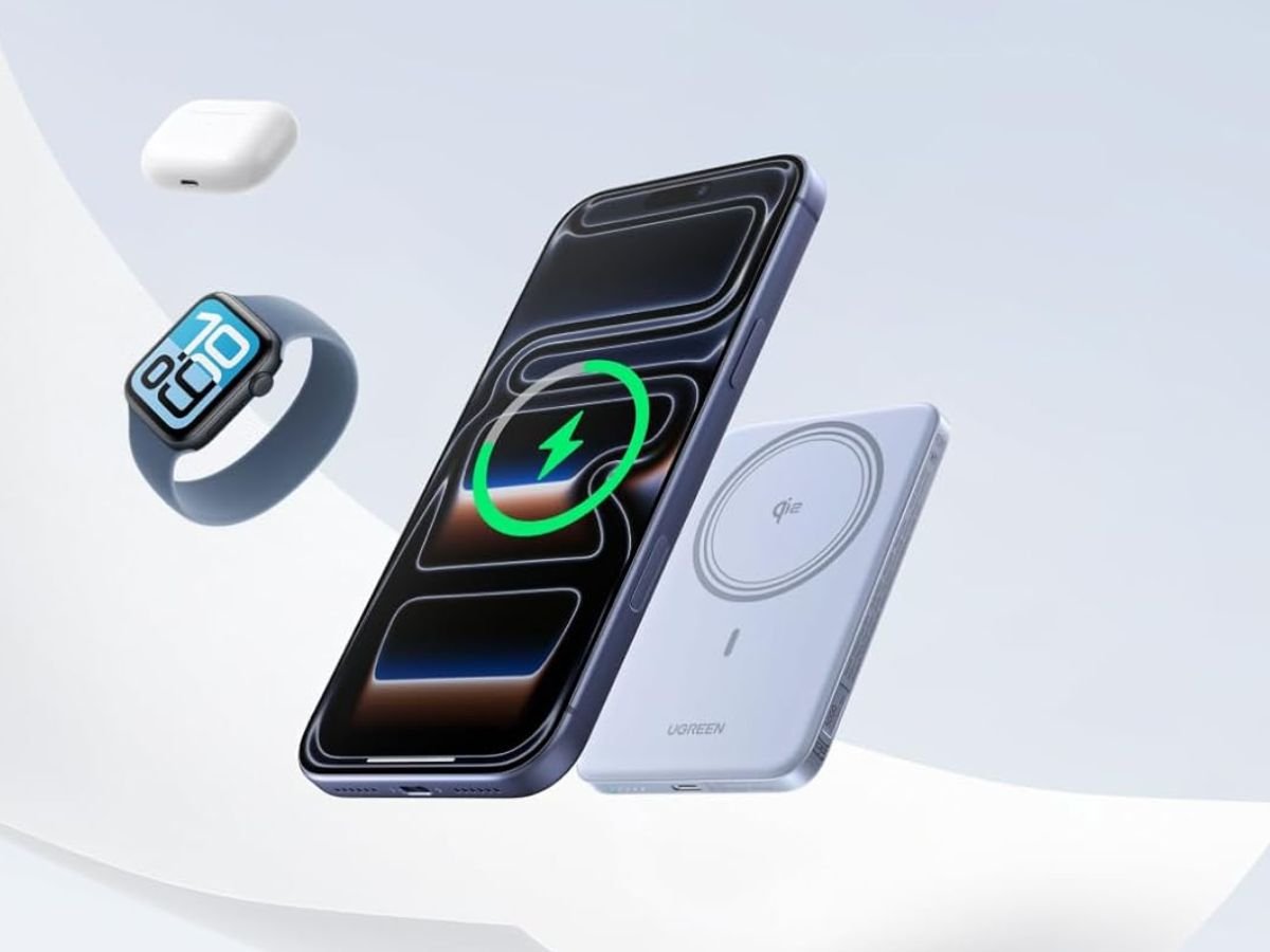 The Ugreen MagFlow Air Qi2 power bank, featuring a sleek and compact design with Qi2 wireless charging technology, perfect for charging devices on-the-go in the UK, with a capacity of 5,000 mAh and a slim body, making it easy to carry around