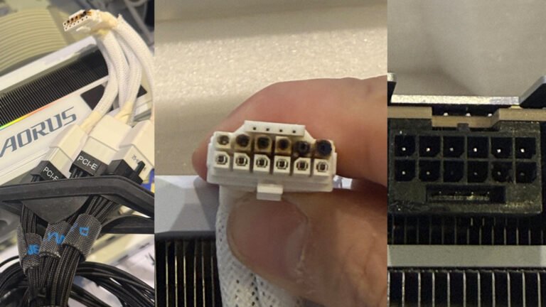 A close-up of a 16-Pin connector GPU with a red warning symbol, representing the high failure rates and warranty claims associated with NVIDIA's new products in the UK