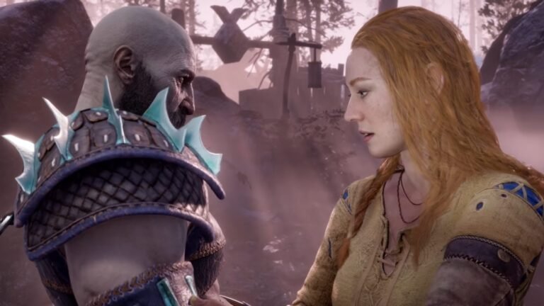 God of War UK game screenshot featuring a talking sword and a gelatinous cube, set against a backdrop of East-Asian mythological influences, with a focus on the game's unique blend of action and storytelling