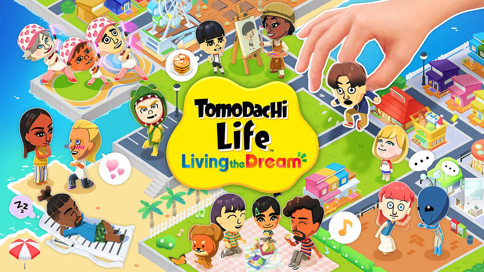 Tomodachi Life: Living the Dream featured image, showcasing Mii characters and virtual world, with a focus on the game's quirky charm and offbeat humour, set in the UK
