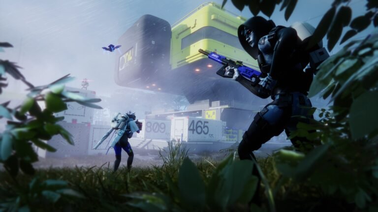 Marathon players working together, with the C.A.R.R.I. system analysing their behaviour and providing insights to enhance team performance, set against a backdrop of a futuristic UK cityscape