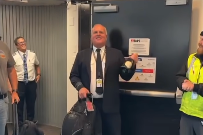 A photo of a retiring pilot being congratulated by his peers from a rival airline, with a warm and colourful atmosphere, highlighting the camaraderie and kindness in the aviation community