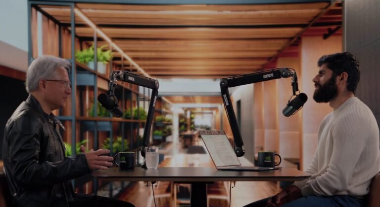 NVIDIA CEO Jensen Huang speaking at a conference in the UK, with a focus on artificial intelligence and its impact on the company's success in the country, including the role of accelerated computing and the supply chain moat