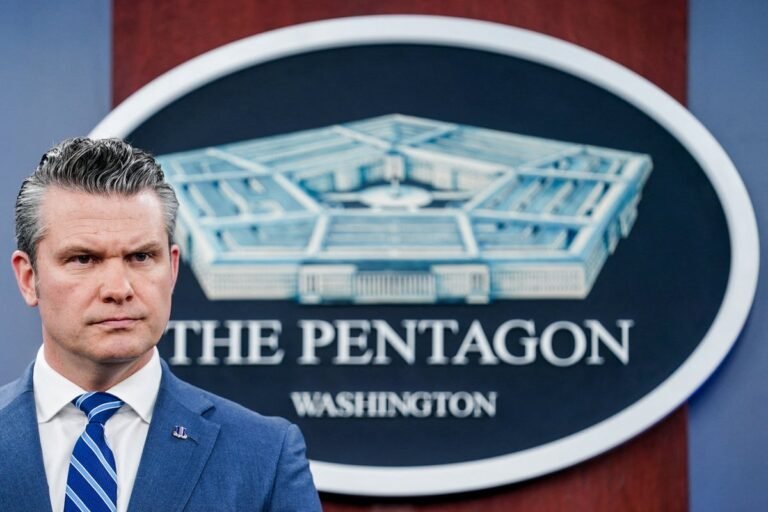 Pete Hegseth delivering a military briefing, with a concerned expression on his face, as he discusses the complexities of the Iran war, with a subtle hint of religious rhetoric in the background