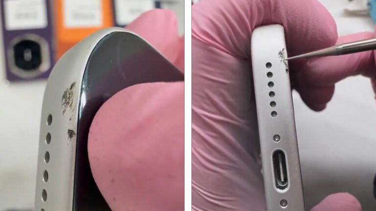 A damaged iPhone 17 Pro Max being restored to its former glory by a professional technician in the UK, using specialized tools and expertise to remove scuffs and scratches, and revive the device's aluminium body to near-pristine levels, similar to a car repair service.