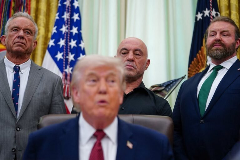 Joe Rogan and Trump at the White House discussing psychedelics, with a focus on mental health and therapy, featuring a colourful background with a mix of serious and humorous tones, as they analyse the potential benefits and risks of these substances