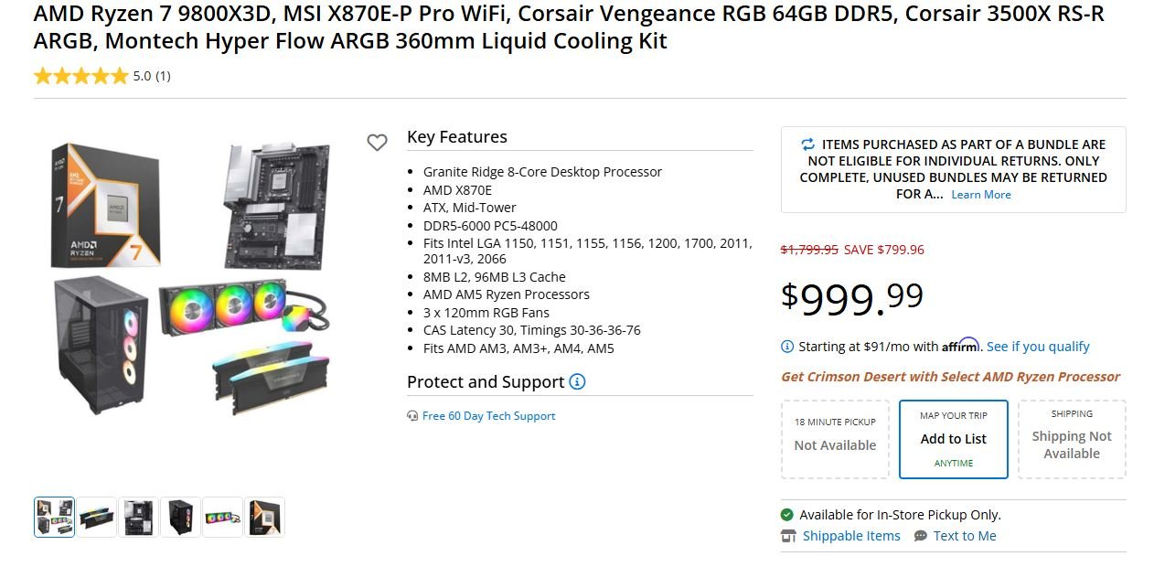 A gaming PC with Corsair RAM, 9800X3D CPU, and X870E board, showcasing the incredible bundle deal available at Micro Center in the UK, perfect for gamers looking for high-performance components