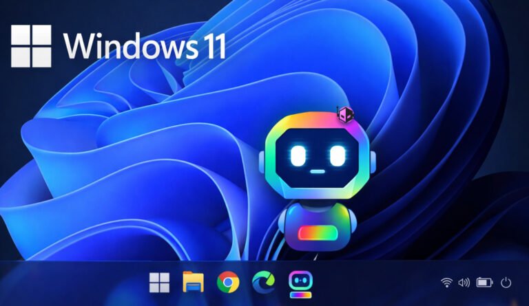 Microsoft's AI Agents for Windows 11 in the UK, featuring a desktop with AI-powered taskbar and third-party agent support, showcasing the company's commitment to artificial intelligence and user-centric design
