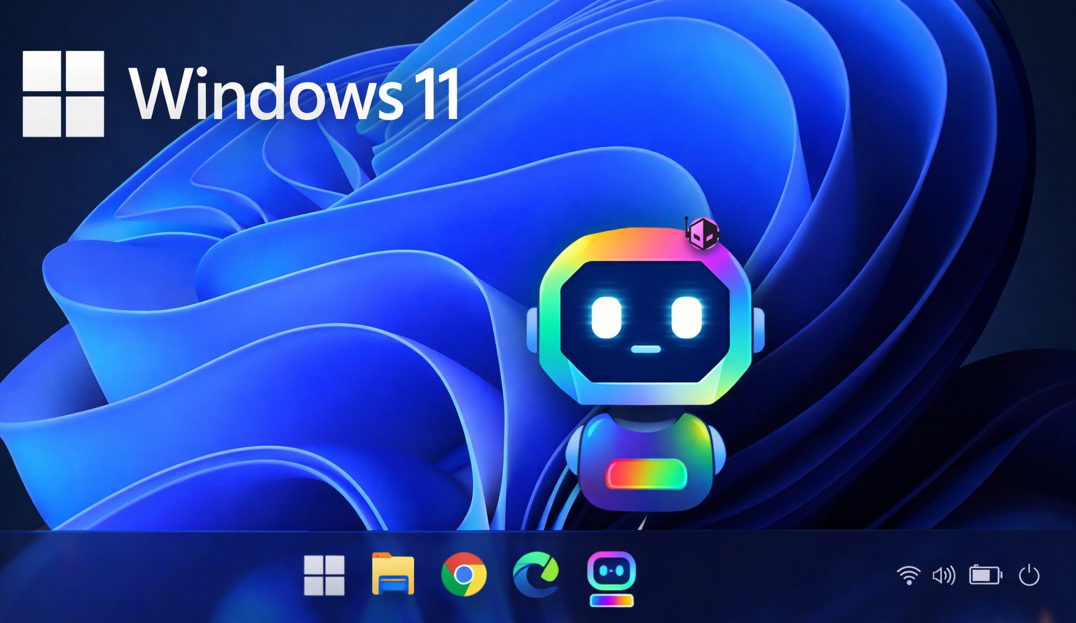 Microsoft's AI Agents for Windows 11 in the UK, featuring a desktop with AI-powered taskbar and third-party agent support, showcasing the company's commitment to artificial intelligence and user-centric design