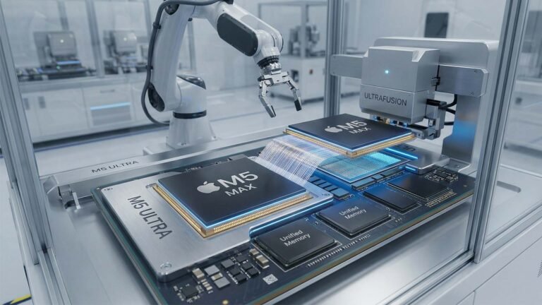 A close-up of a computer chip, representing the DRAM that Apple is buying up, with a UK cityscape in the background, highlighting the impact on the UK tech industry and the company's behaviour in the face of supply chain uncertainty