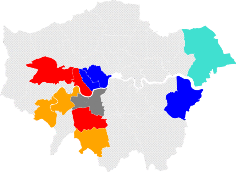 A descriptive image of a polling station in London, with voters casting their ballots in the local elections 2026, highlighting the importance of voter behaviour and the colour of the new council