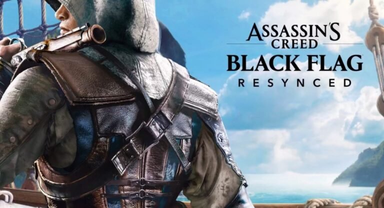 Assassin's Creed Black Flag Resynced featured image, showcasing the game's stunning graphics and attention to detail, with a pirate ship sailing through treacherous waters, set against a backdrop of a vibrant, colourful sky, with the UK flag waving in the distance