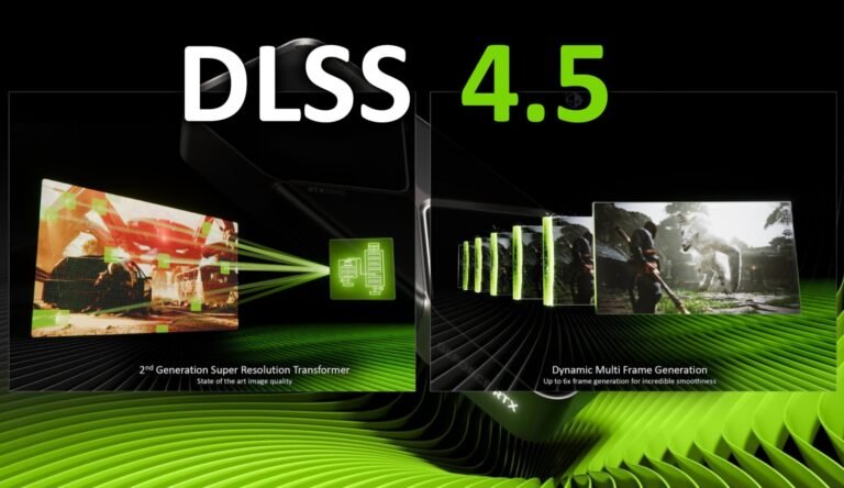 NVIDIA DLSS 4.5 logo with a background of a gamer playing a game with enhanced graphics and a fast frame rate, showcasing the power of AI technology in the UK gaming industry