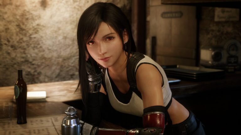 Tifa Lockhart from Final Fantasy VII joins the Street Fighter 6 roster in the UK, bringing her unique fighting style and colourful personality to the game, with a leaked image showing her in action, surrounded by other characters from the game, with a colourful background and exciting atmosphere, as the UK gaming community eagerly awaits the official announcement from CAPCOM