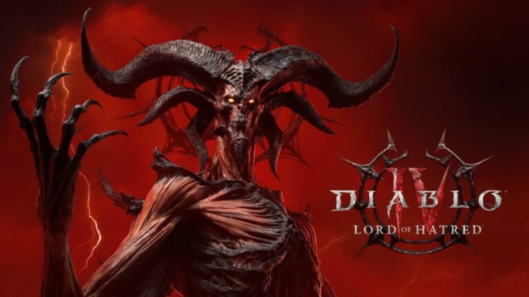 Diablo IV: Lord of Hatred expansion pack featuring a dark and ominous landscape with a haunting figure in the distance, set in the UK gaming scene