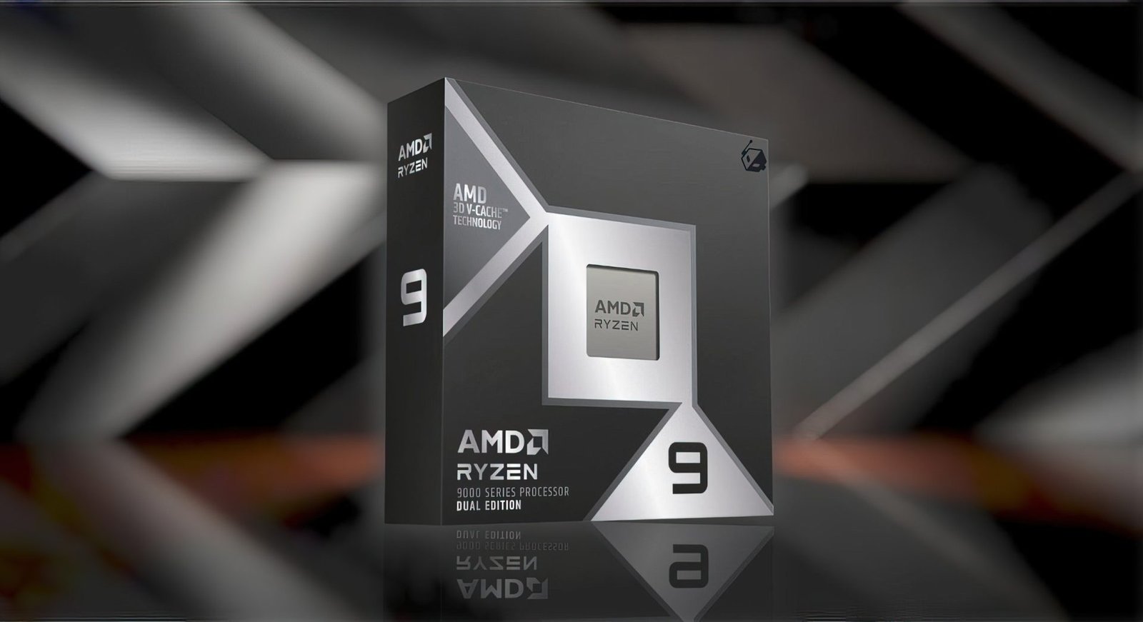 A close-up of the AMD Ryzen 9 9950X3D2 Dual Edition processor, with a background of gaming keyboards and monitors, highlighting the chip's disappointing gaming performance in UK reviews
