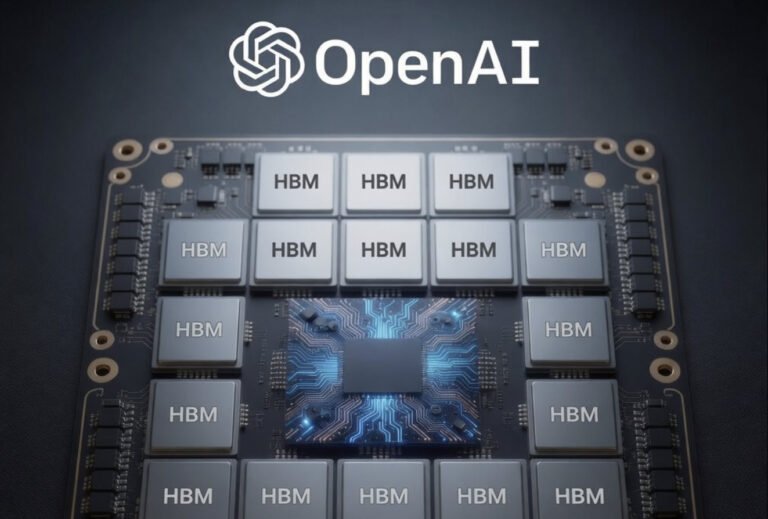 An illustration of OpenAI's custom AI chip, featuring 20 HBM stacks and Intel EMIB-style bridges, set to revolutionise AI technology in the UK, with a focus on high-bandwidth memory and compute chiplets