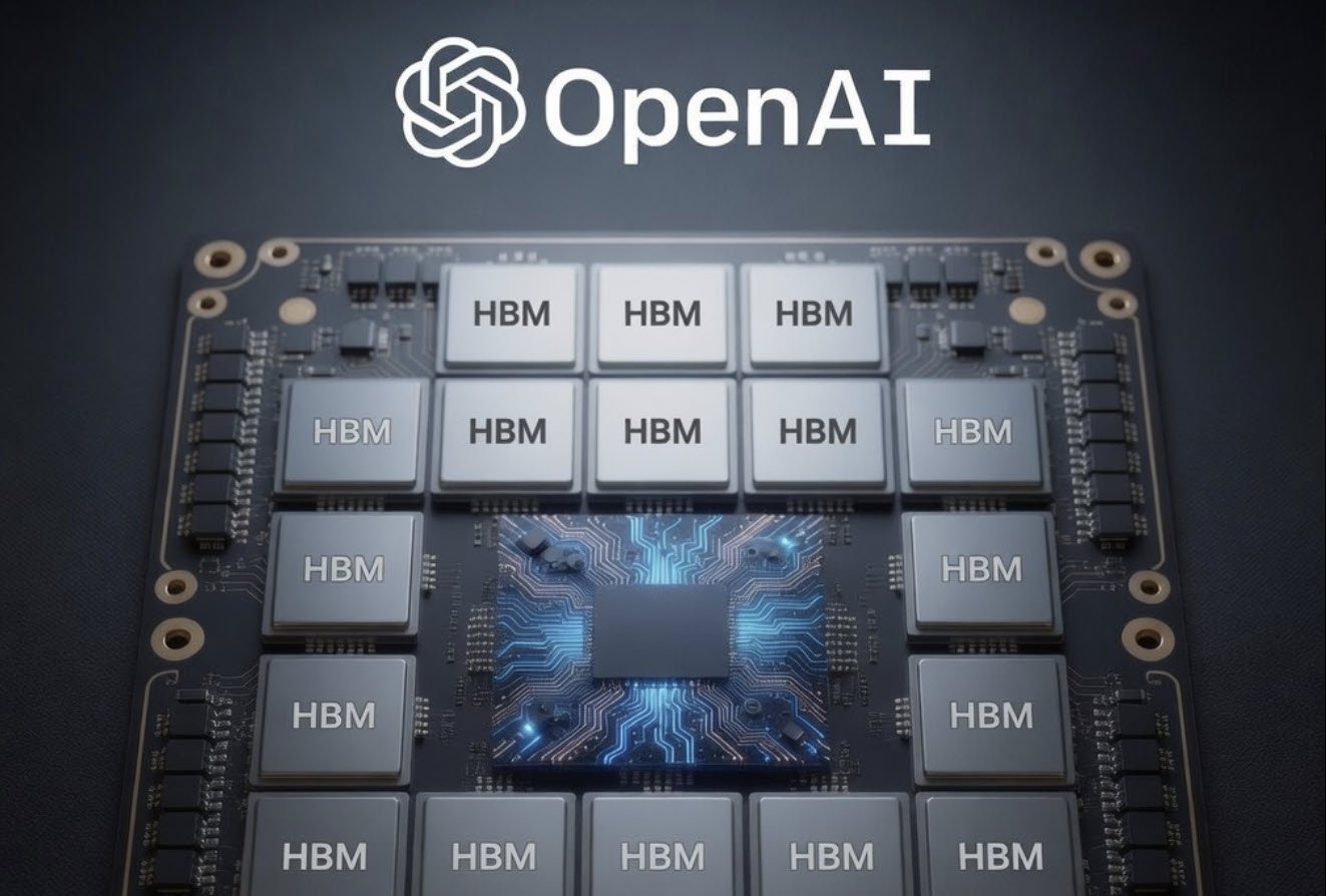 An illustration of OpenAI's custom AI chip, featuring 20 HBM stacks and Intel EMIB-style bridges, set to revolutionise AI technology in the UK, with a focus on high-bandwidth memory and compute chiplets